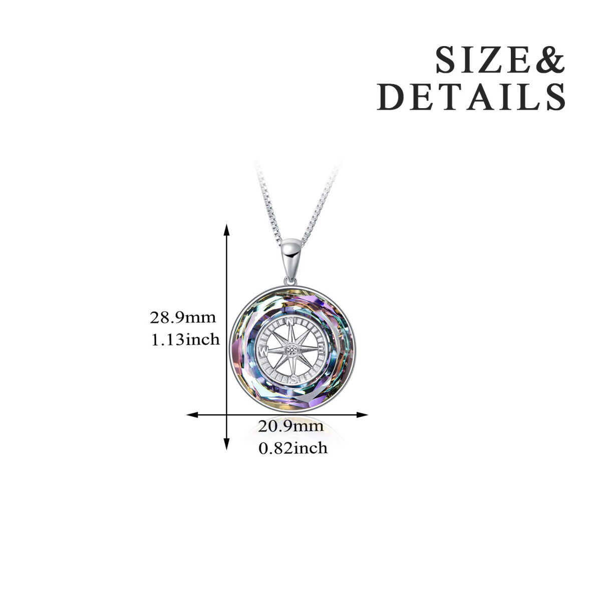 Sterling Silver Circular Shaped Compass Crystal Pendant Necklace-4