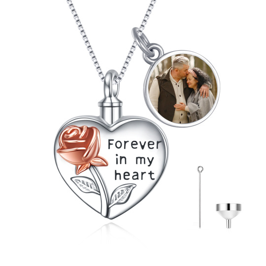 Collana in argento sterling bicolore con rosa e foto personalizzata e urna con cuore per le ceneri