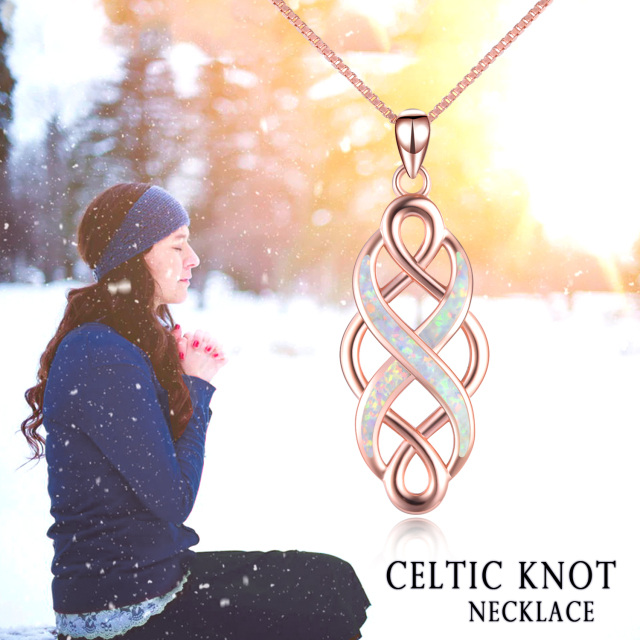 Sterling Silver with Rose Gold Plated Opal Celtic Knot Pendant Necklace-3