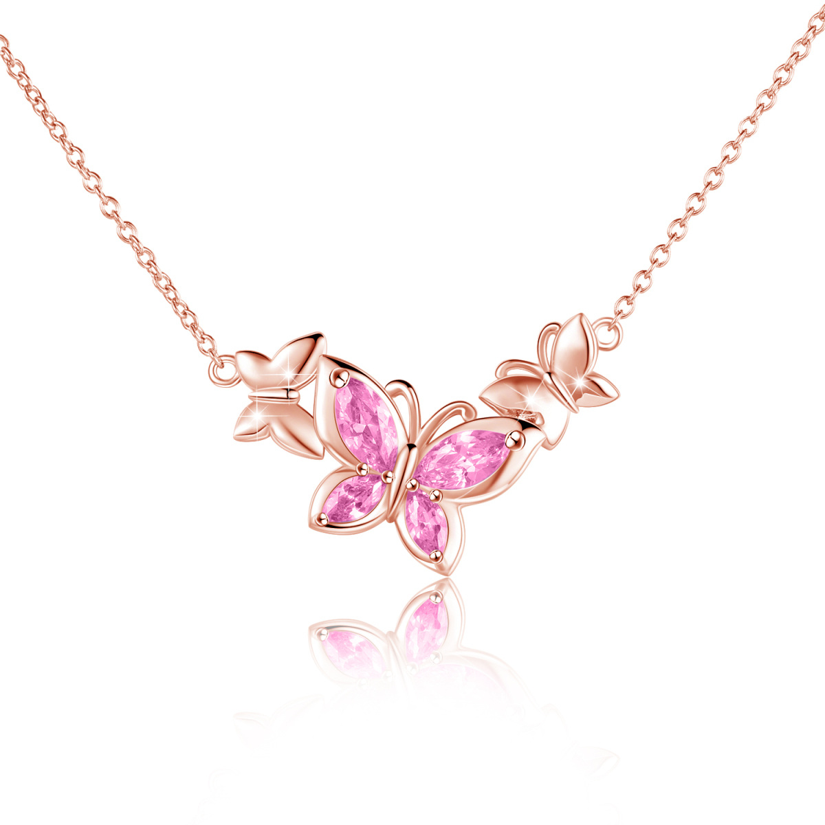 Sterling Silver with Rose Gold Plated Cubic Zirconia Butterfly Pendant Necklace-1