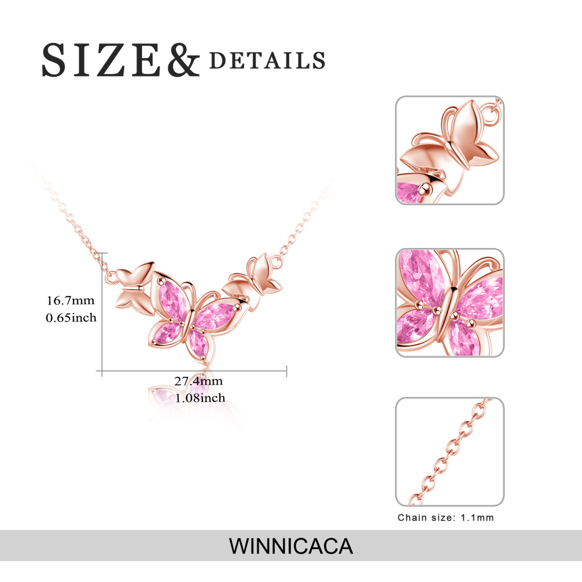 Sterling Silver with Rose Gold Plated Cubic Zirconia Butterfly Pendant Necklace-5