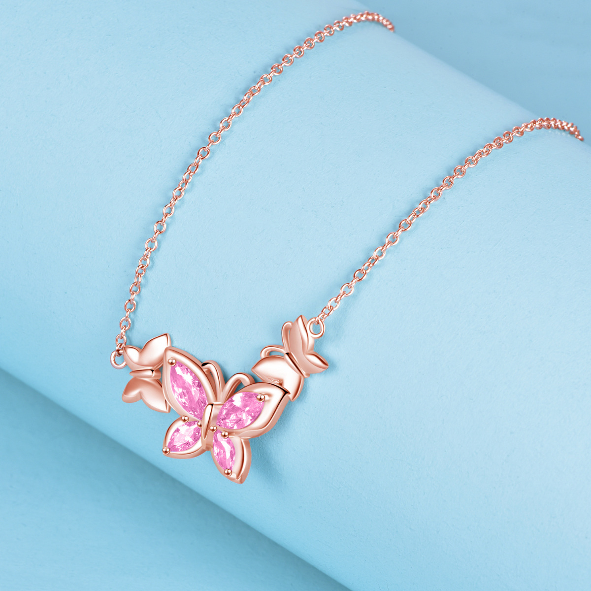 Sterling Silver with Rose Gold Plated Cubic Zirconia Butterfly Pendant Necklace-4