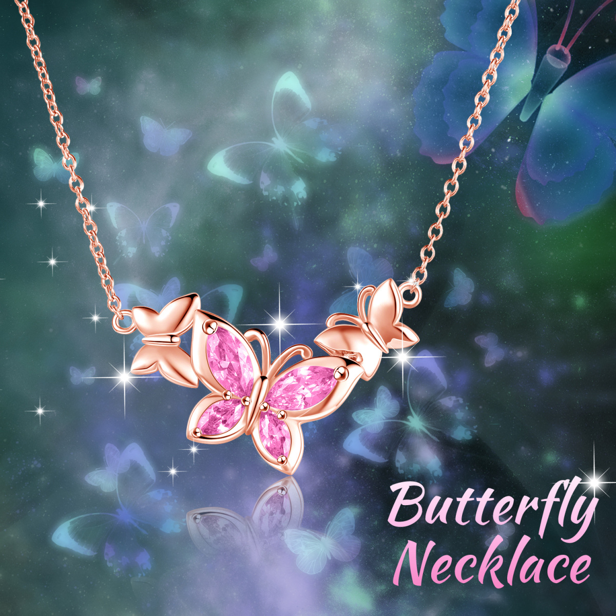 Sterling Silver with Rose Gold Plated Cubic Zirconia Butterfly Pendant Necklace-6