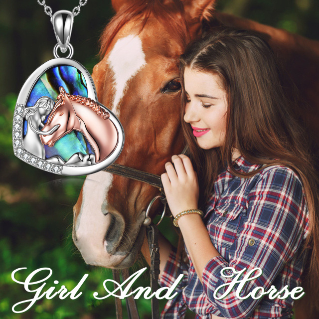 Sterling Silver Two-tone Abalone Shellfish Horse & Heart Pendant Necklace-3