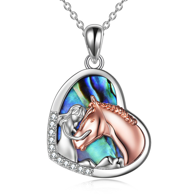 Sterling Silver Two-tone Abalone Shellfish Horse & Heart Pendant Necklace-1