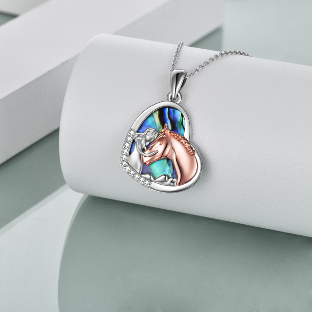 Sterling Silver Two-tone Abalone Shellfish Horse & Heart Pendant Necklace-4