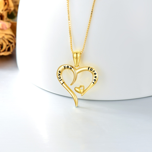 14K Gold Heart With Heart Pendant Necklace with Engraved Word-3