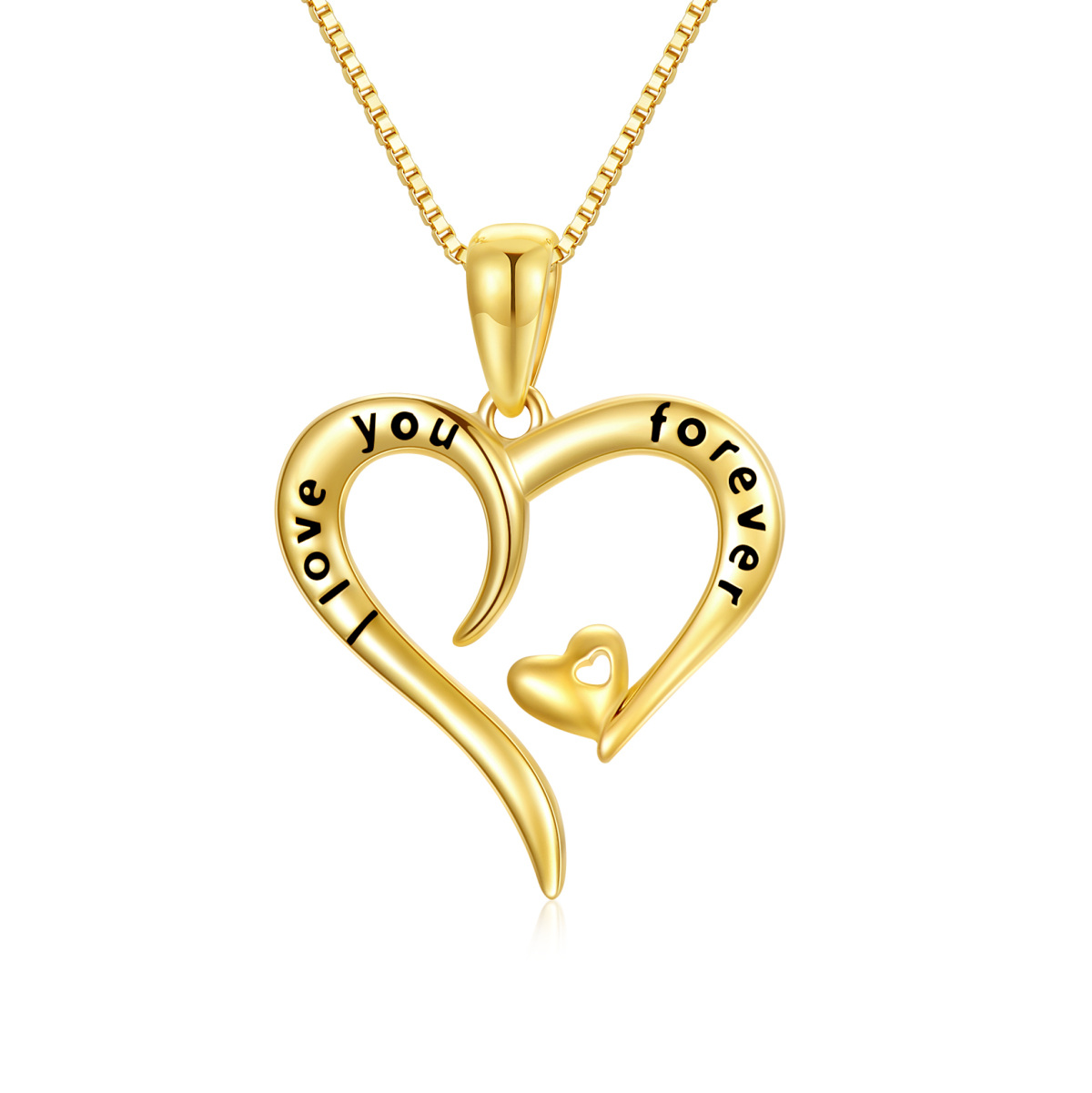 14K Gold Heart With Heart Pendant Necklace with Engraved Word-1
