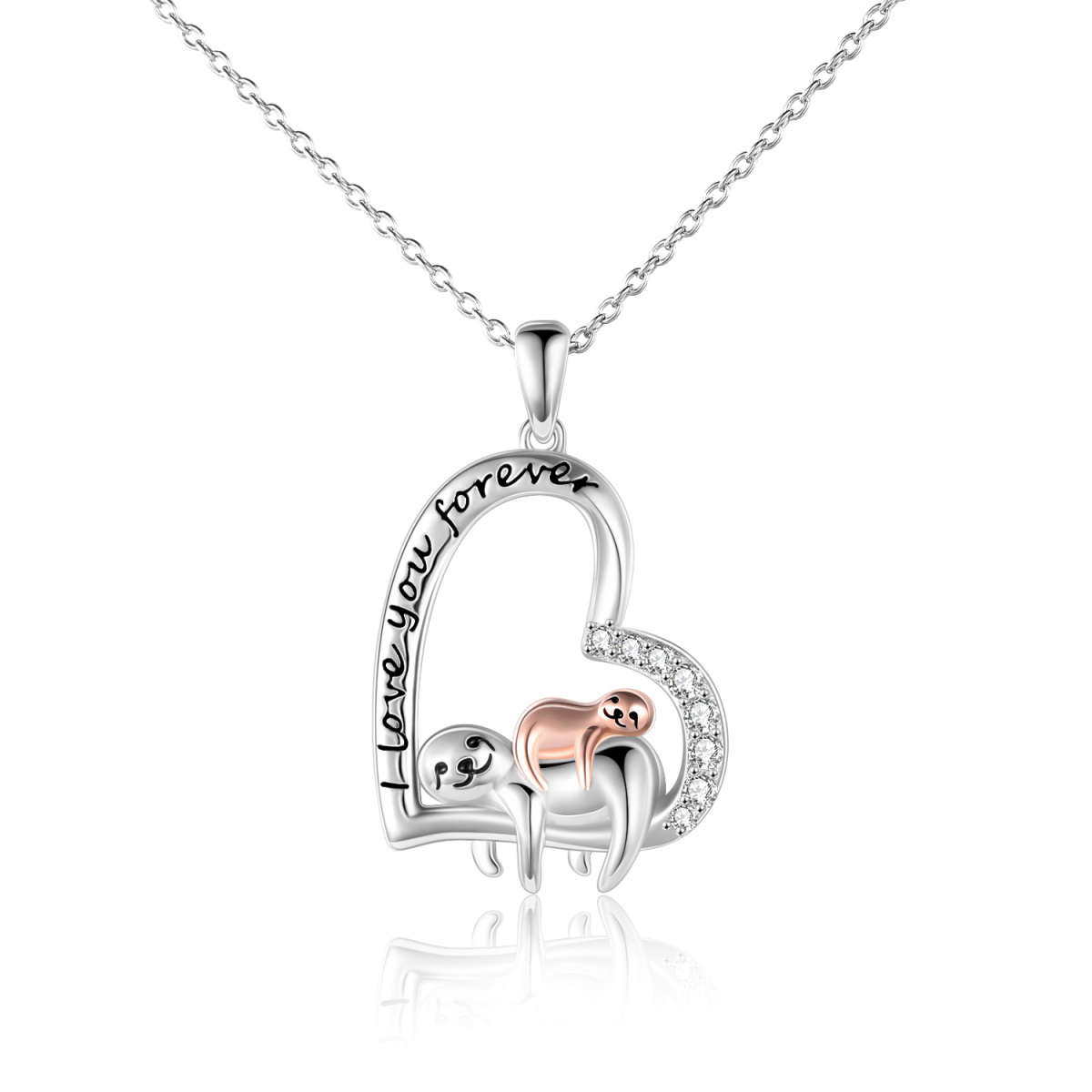 Sterling Silver Two-tone Circular Shaped Cubic Zirconia Sloth & Heart Pendant Necklace with Engraved Word-1