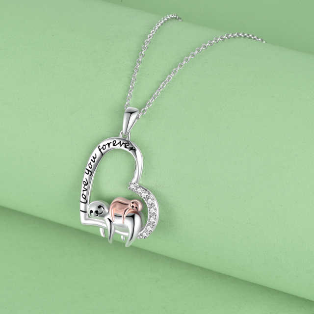 Sterling Silver Two-tone Circular Shaped Cubic Zirconia Sloth & Heart Pendant Necklace with Engraved Word-4