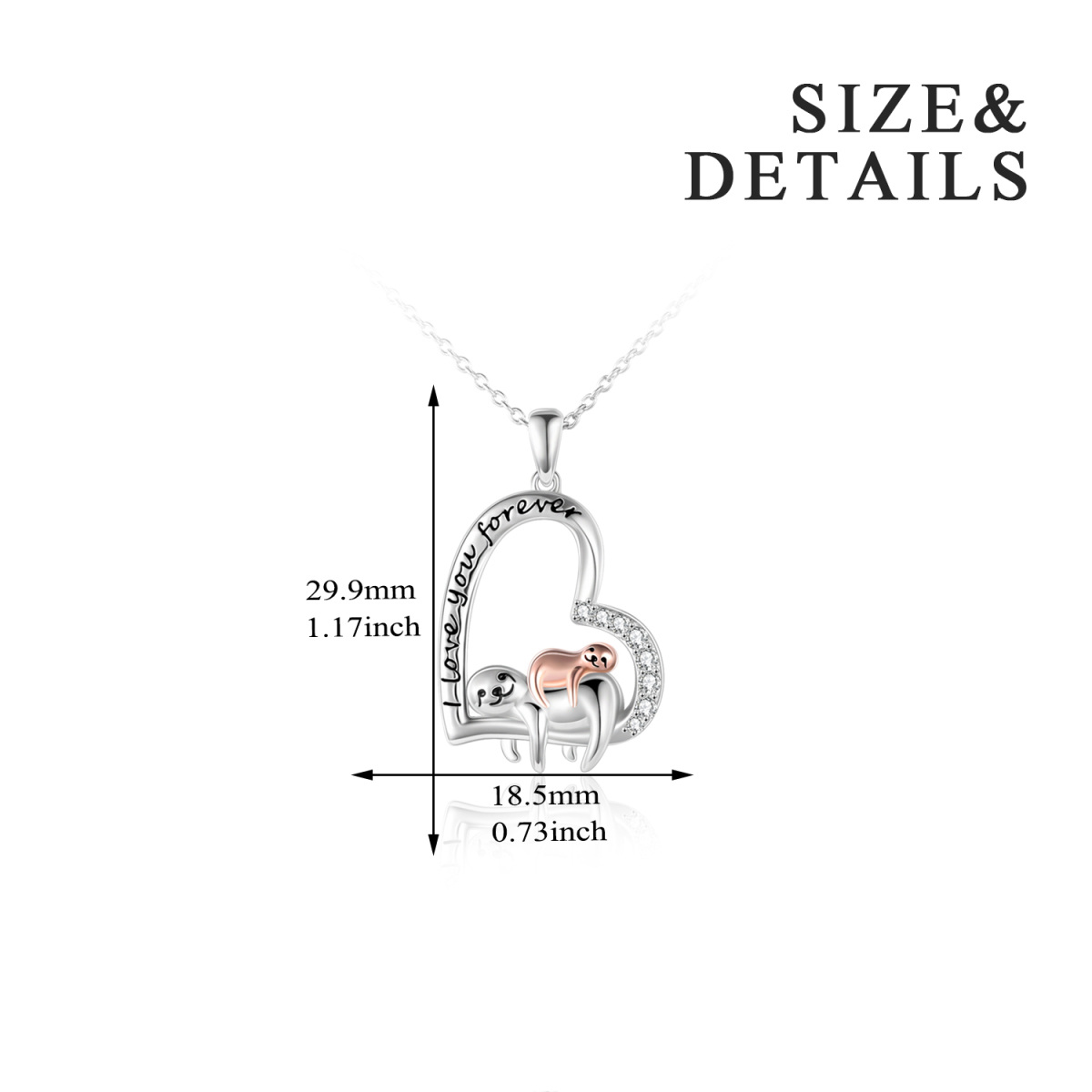 Sterling Silver Two-tone Circular Shaped Cubic Zirconia Sloth & Heart Pendant Necklace with Engraved Word-5