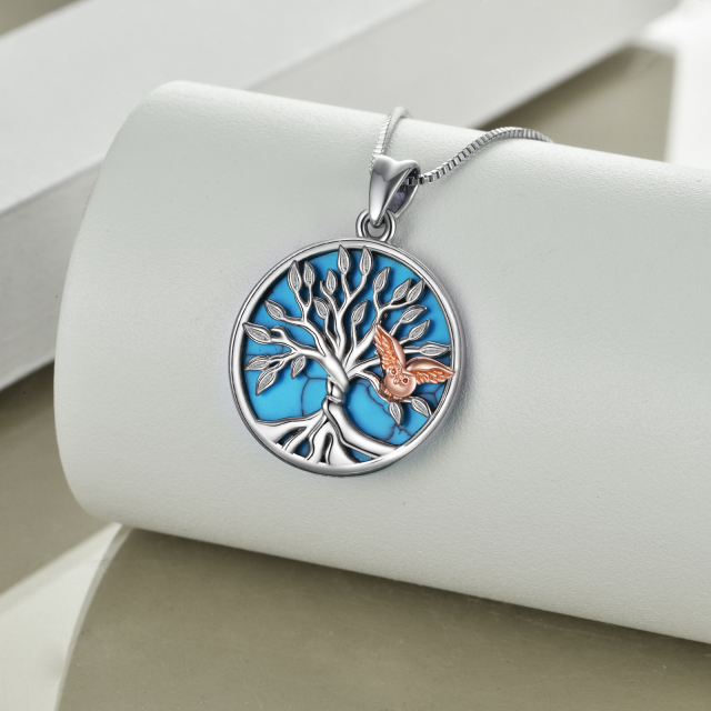 Collier pendentif arbre de vie hibou turquoise bicolore en argent sterling-3