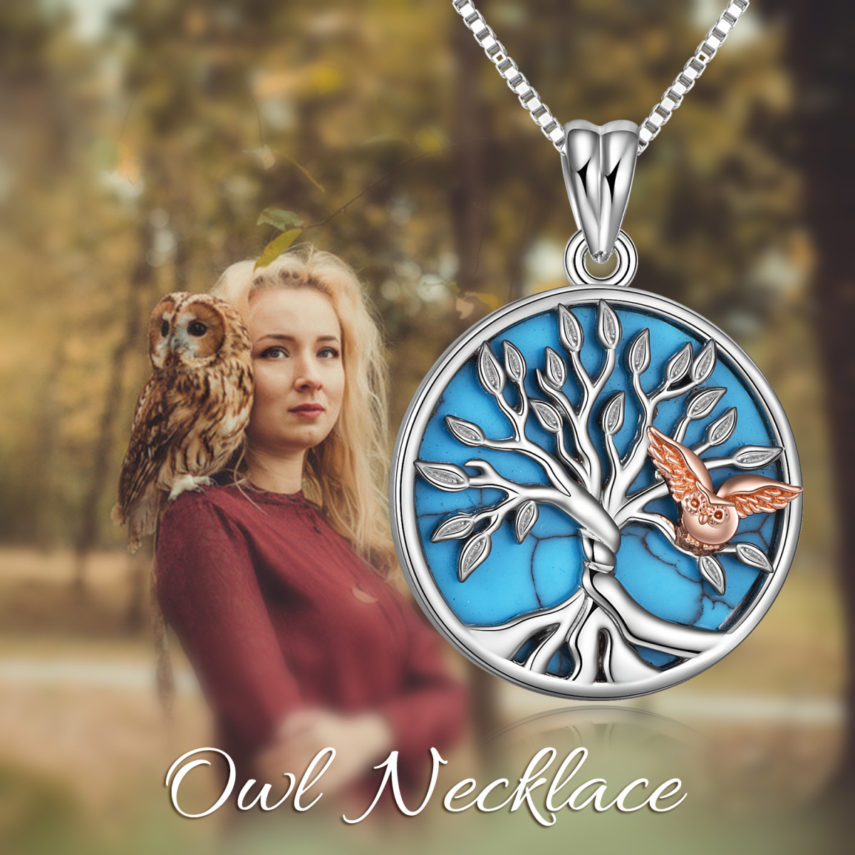 Sterling Silver Two-tone Turquoise Owl & Tree Of Life Pendant Necklace-6