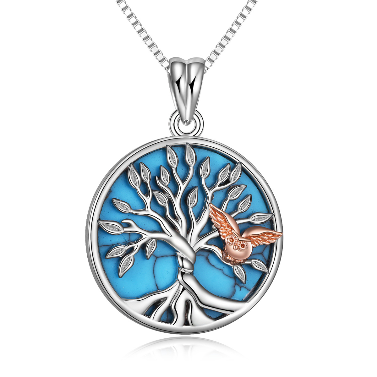 Collar con colgante de árbol de la vida con forma de búho turquesa en dos tonos de plata de ley-1