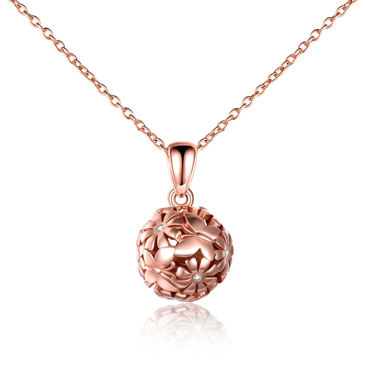 Sterling Silver with Rose Gold Plated Cubic Zirconia Butterfly & Daisy & Spherical Pendant Necklace-7