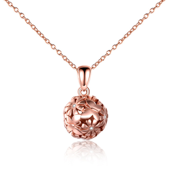 Sterling Silver with Rose Gold Plated Cubic Zirconia Butterfly & Daisy & Spherical Pendant Necklace-6