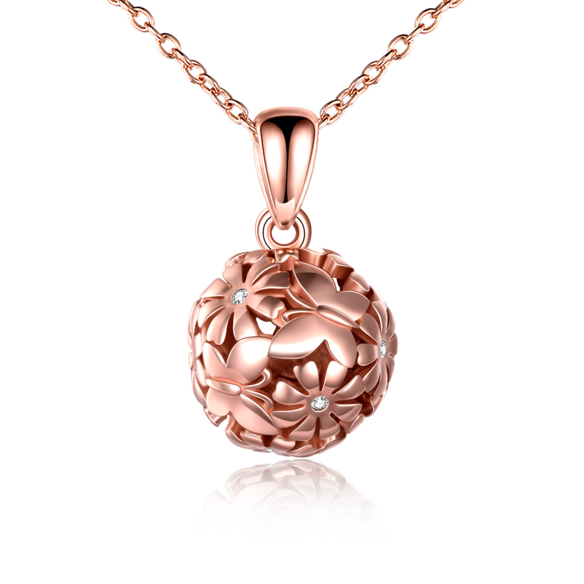 Sterling Silver with Rose Gold Plated Cubic Zirconia Butterfly & Daisy & Spherical Pendant Necklace-1