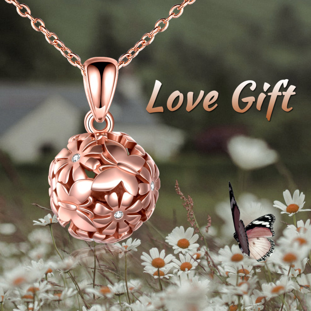 Sterling Silver with Rose Gold Plated Cubic Zirconia Butterfly & Daisy & Spherical Pendant Necklace-5