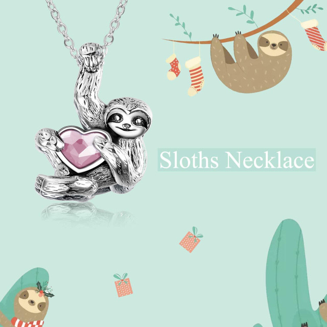 Sterling Silver Heart Shaped Crystal Sloth Pendant Necklace-3