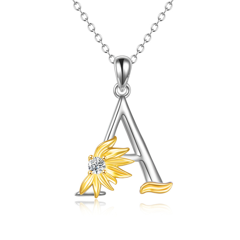 Sterling Silver Two-tone Circular Shaped Cubic Zirconia & Personalized Initial Letter Sunflower Pendant Necklace with Initial Letter A