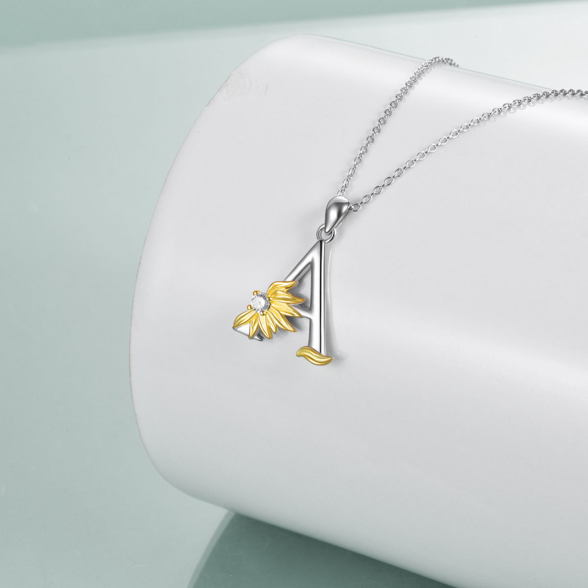 Sterling Silver Two-tone Circular Shaped Cubic Zirconia & Personalized Initial Letter Sunflower Pendant Necklace with Initial Letter A-4