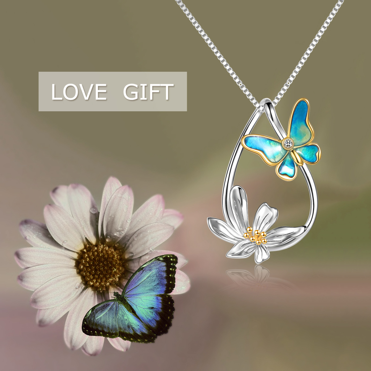 Sterling Silver Two-tone Butterfly & Daisy & Drop Shape Pendant Necklace-6