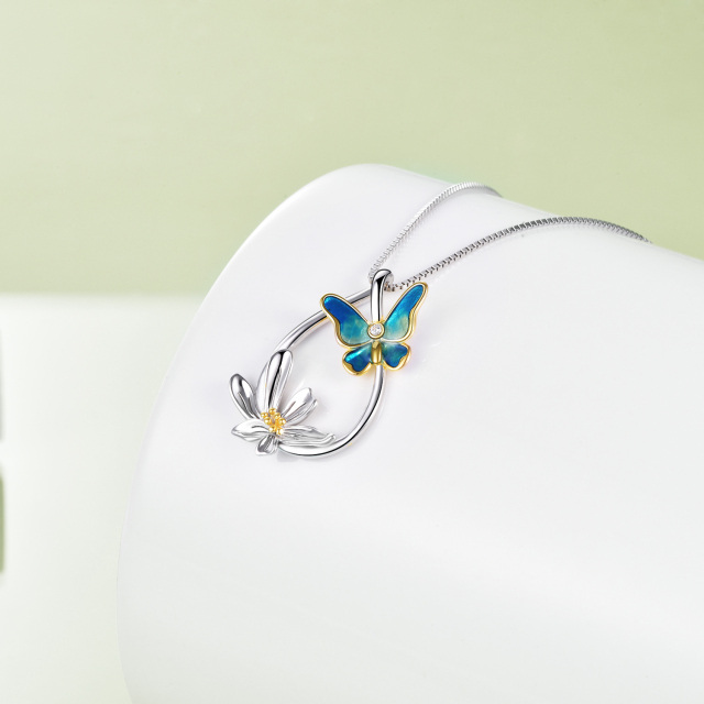 Sterling Silver Two-tone Butterfly & Daisy & Drop Shape Pendant Necklace-2