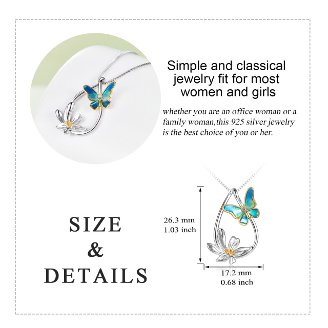 Sterling Silver Two-tone Butterfly & Daisy & Drop Shape Pendant Necklace-4