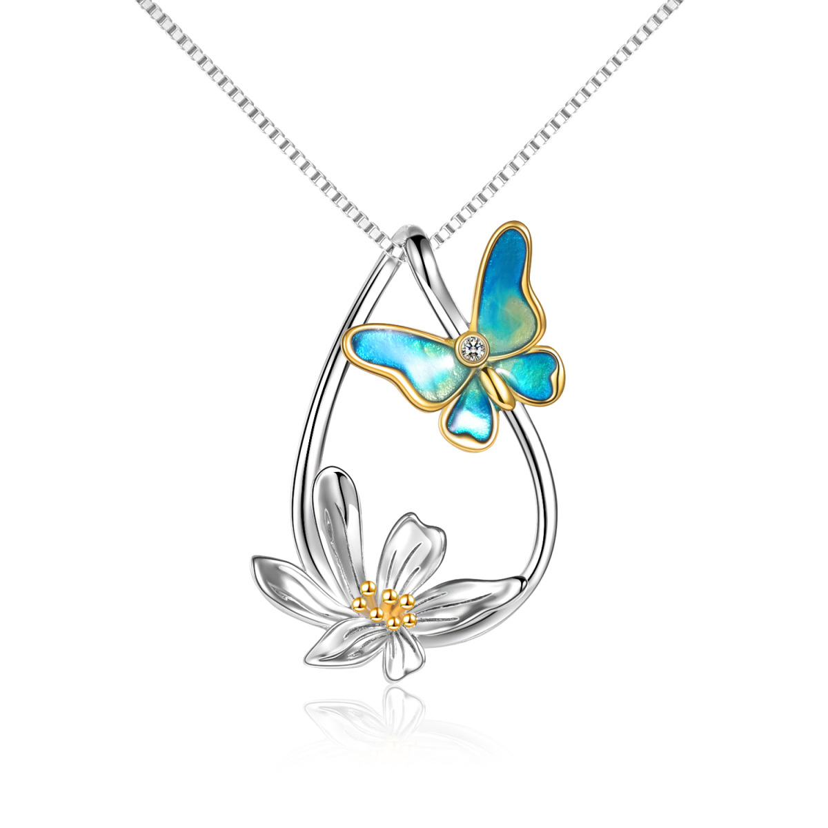 Sterling Silver Two-tone Butterfly & Daisy & Drop Shape Pendant Necklace-1