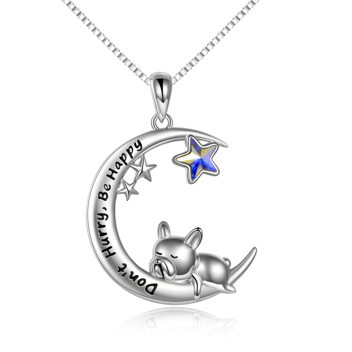 Sterling Silver Five-Pointed Star Shaped Crystal Dog & Moon & Star Pendant Necklace with Engraved Word-1
