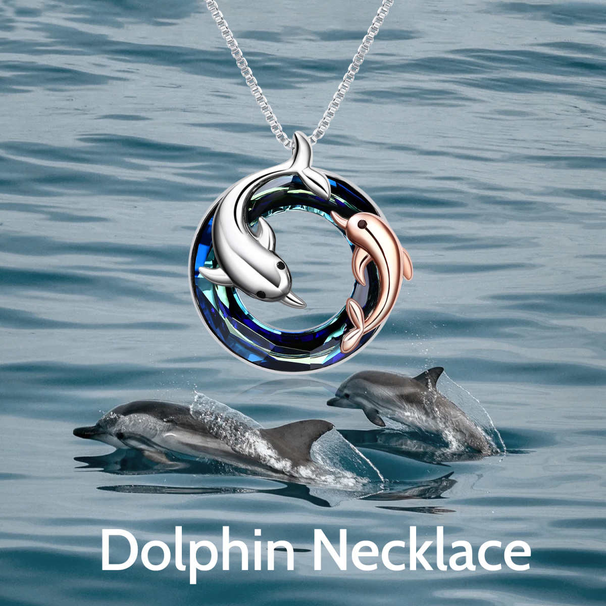 Sterling Silver Two-tone Circular Shaped Dolphin Crystal Pendant Necklace-6