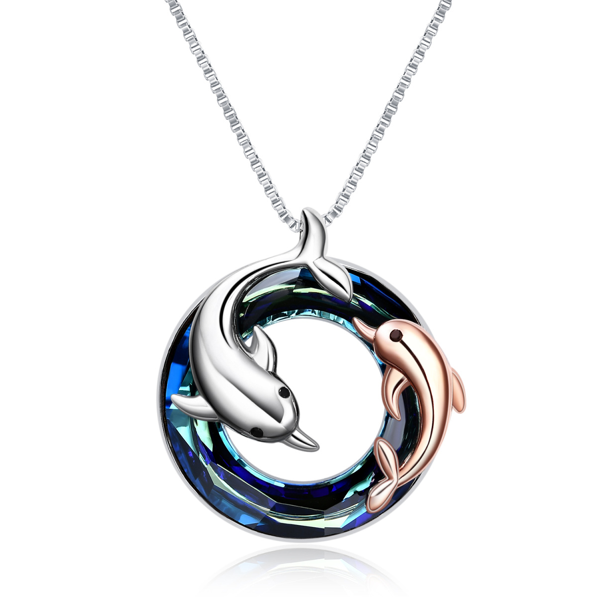 Sterling Silver Two-tone Circular Shaped Dolphin Crystal Pendant Necklace-1