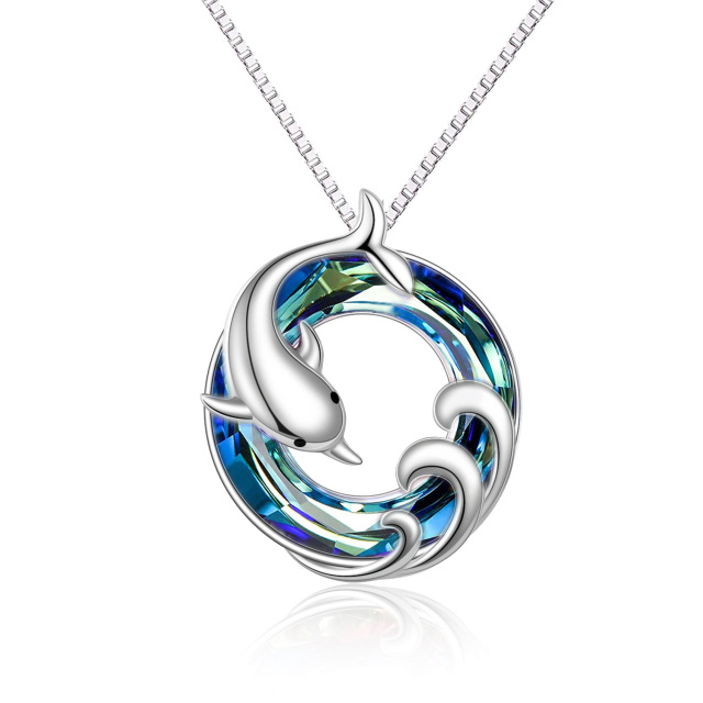 Sterling Silver Circular Shaped Dolphin & Spray Blue Crystal Pendant Necklace-0