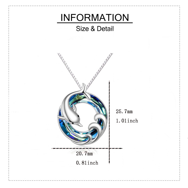 Sterling Silver Circular Shaped Dolphin & Spray Blue Crystal Pendant Necklace-2