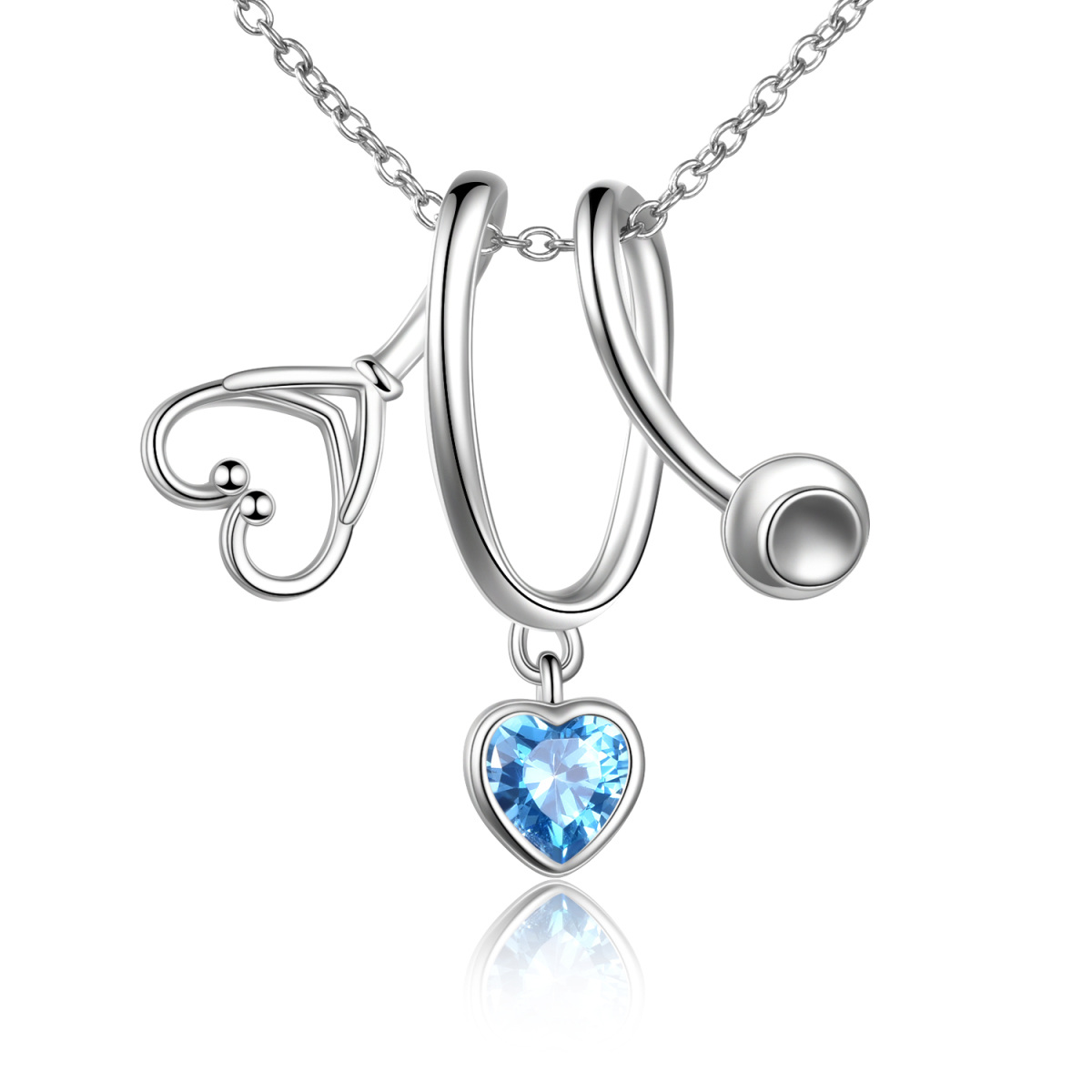 Sterling Silver Heart Cubic Zirconia Stethoscope Pendant Necklace-1