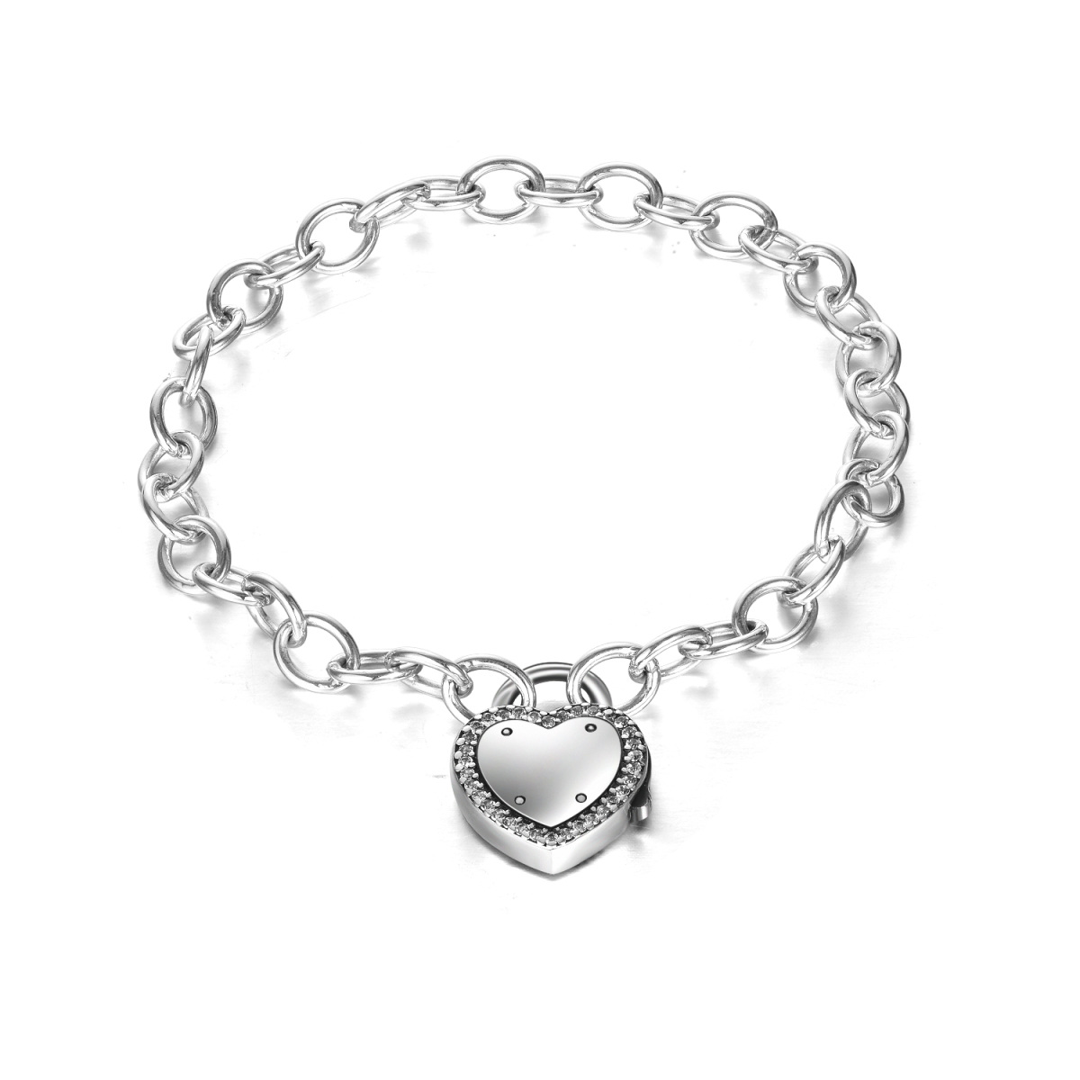 Sterling Silver Cubic Zirconia Heart & Lock Pendant Bracelet-1