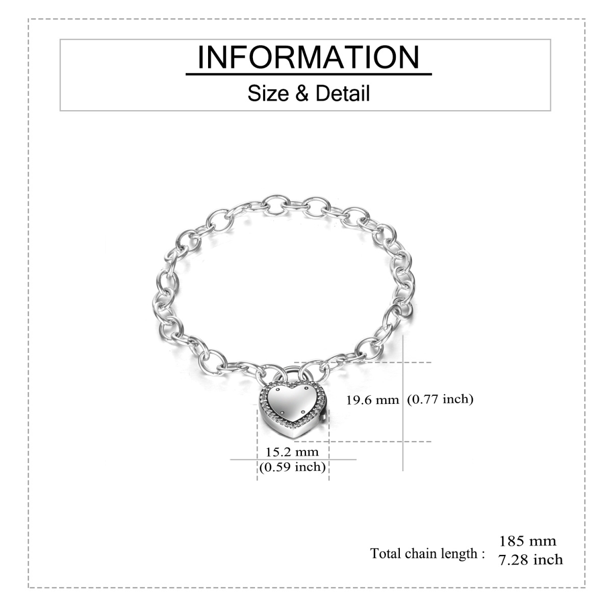 Pulsera de plata de ley con colgante de corazón y candado de circonita cúbica-5