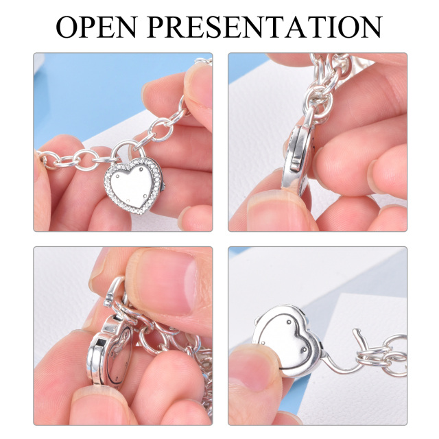 Sterling Silver Cubic Zirconia Heart & Lock Pendant Bracelet-1