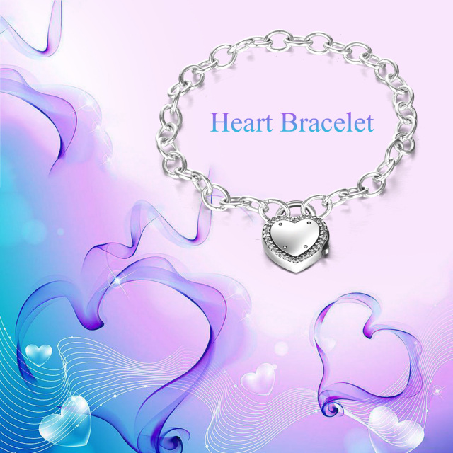 Sterling Silver Cubic Zirconia Heart & Lock Pendant Bracelet-2