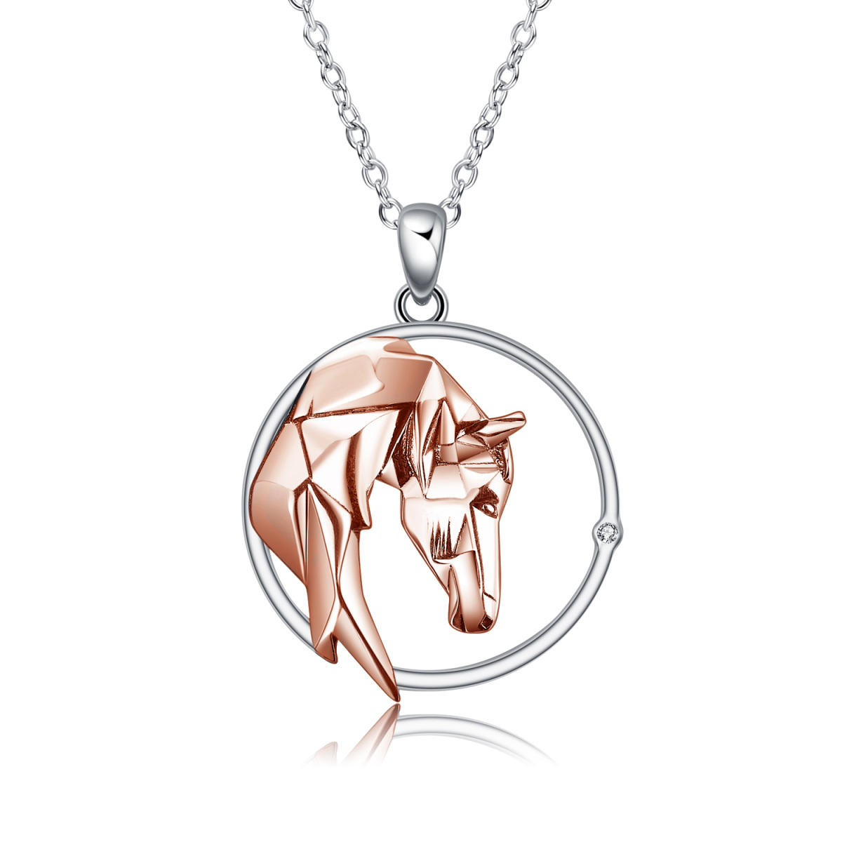 Sterling Silver Two-tone Origami Horse Circle Pendant Necklace-1