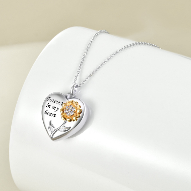 Sterling Silver Two-tone Circular Shaped Cubic Zirconia Sunflower & Heart Urn Necklace for Ashes with Engraved Word-2