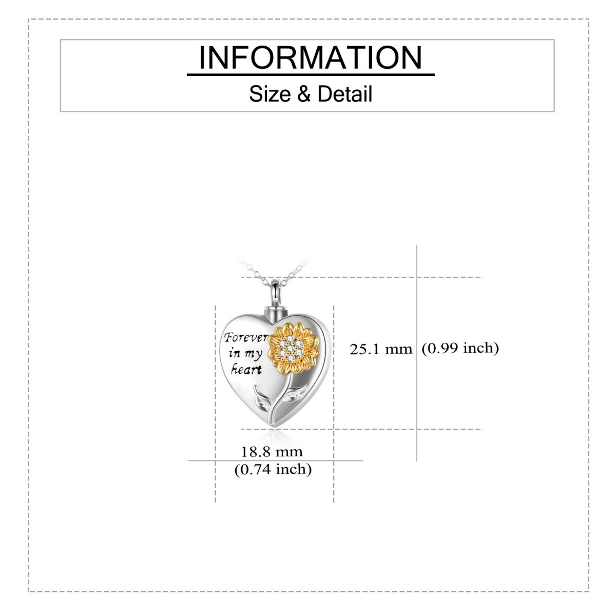 Sterling Silver Two-tone Circular Shaped Cubic Zirconia Sunflower & Heart Urn Necklace for Ashes with Engraved Word-5