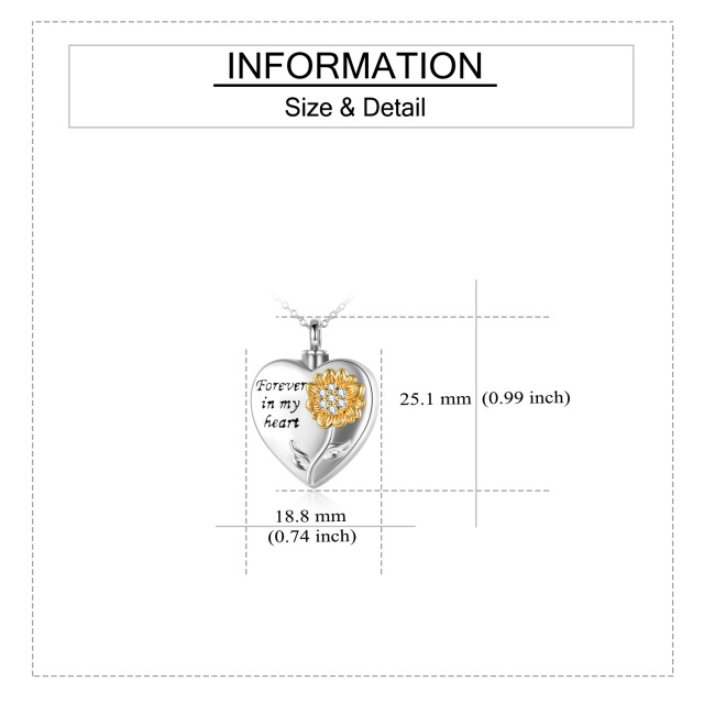 Sterling Silver Two-tone Circular Shaped Cubic Zirconia Sunflower & Heart Urn Necklace for Ashes with Engraved Word-4