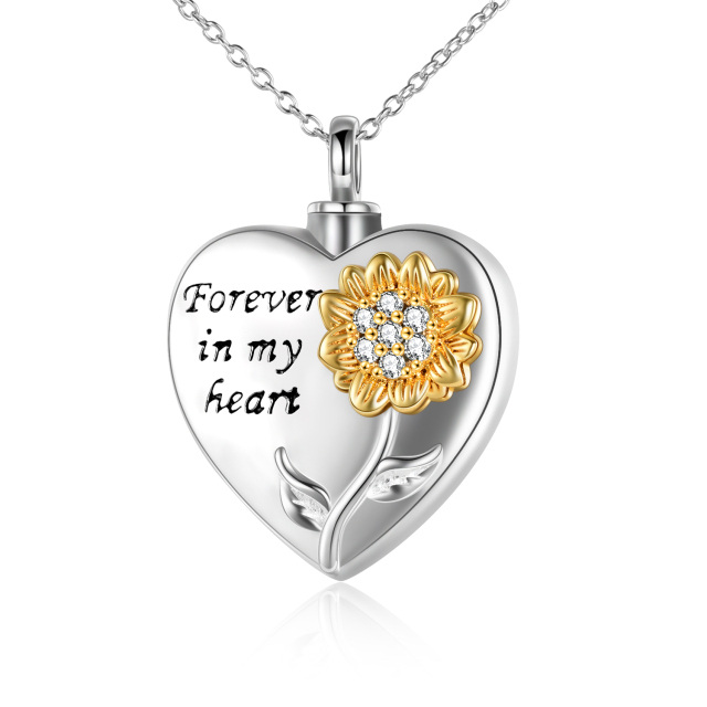 Sterling Silver Two-tone Circular Shaped Cubic Zirconia Sunflower & Heart Urn Necklace for Ashes with Engraved Word-0