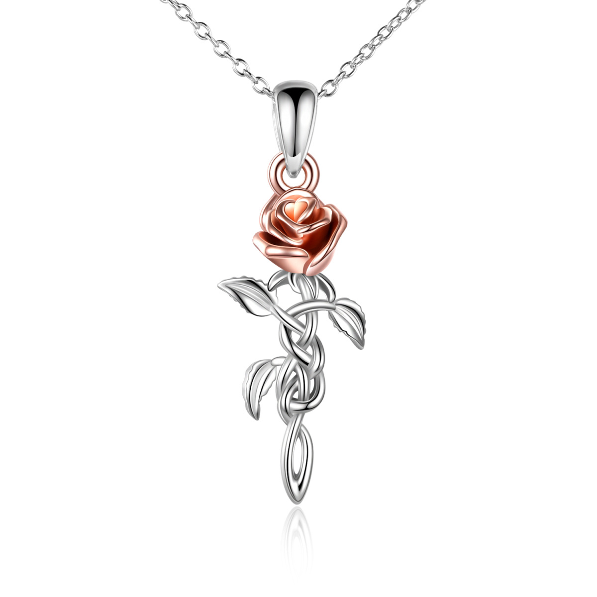 Sterling Silver Two-tone Celtic Knot Rose Branch Pendant Necklace-1
