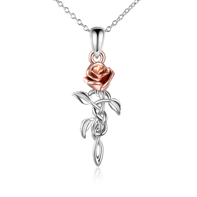 Sterling Silver Two-tone Celtic Knot Rose Branch Pendant Necklace-0