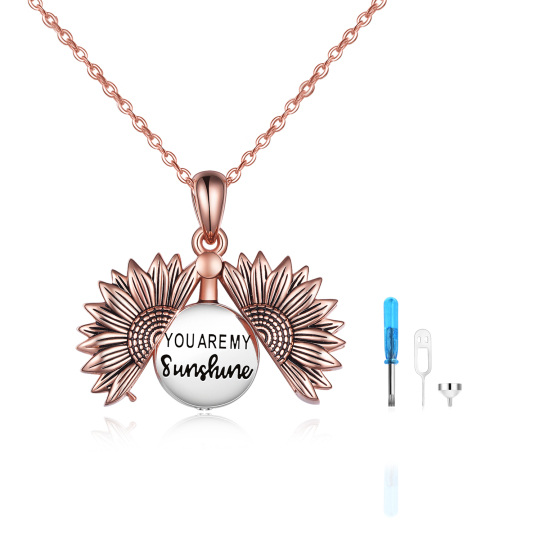 Collar de urna para cenizas en plata de ley con forma de girasol en dos tonos y palabra grabada