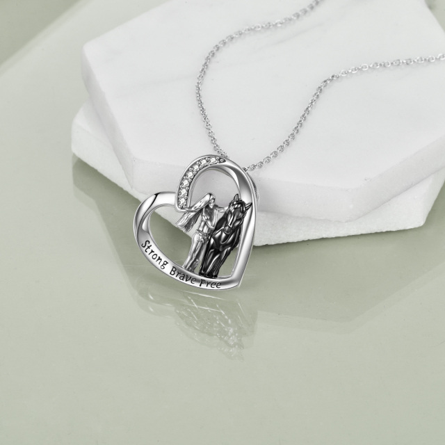 Sterling Silver Two-tone Circular Shaped Cubic Zirconia Horse & Heart Pendant Necklace with Engraved Word-2