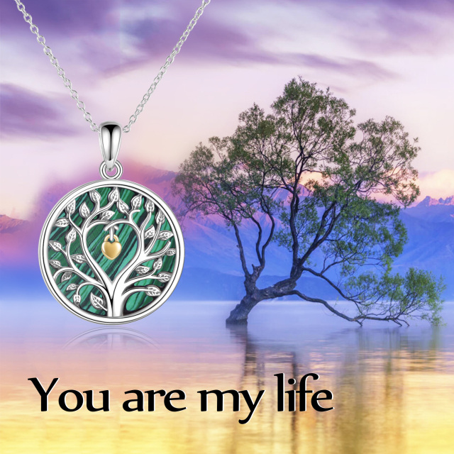 Sterling Silver Two-tone Circular Shaped Malachite Tree Of Life Coin Pendant Necklace-4