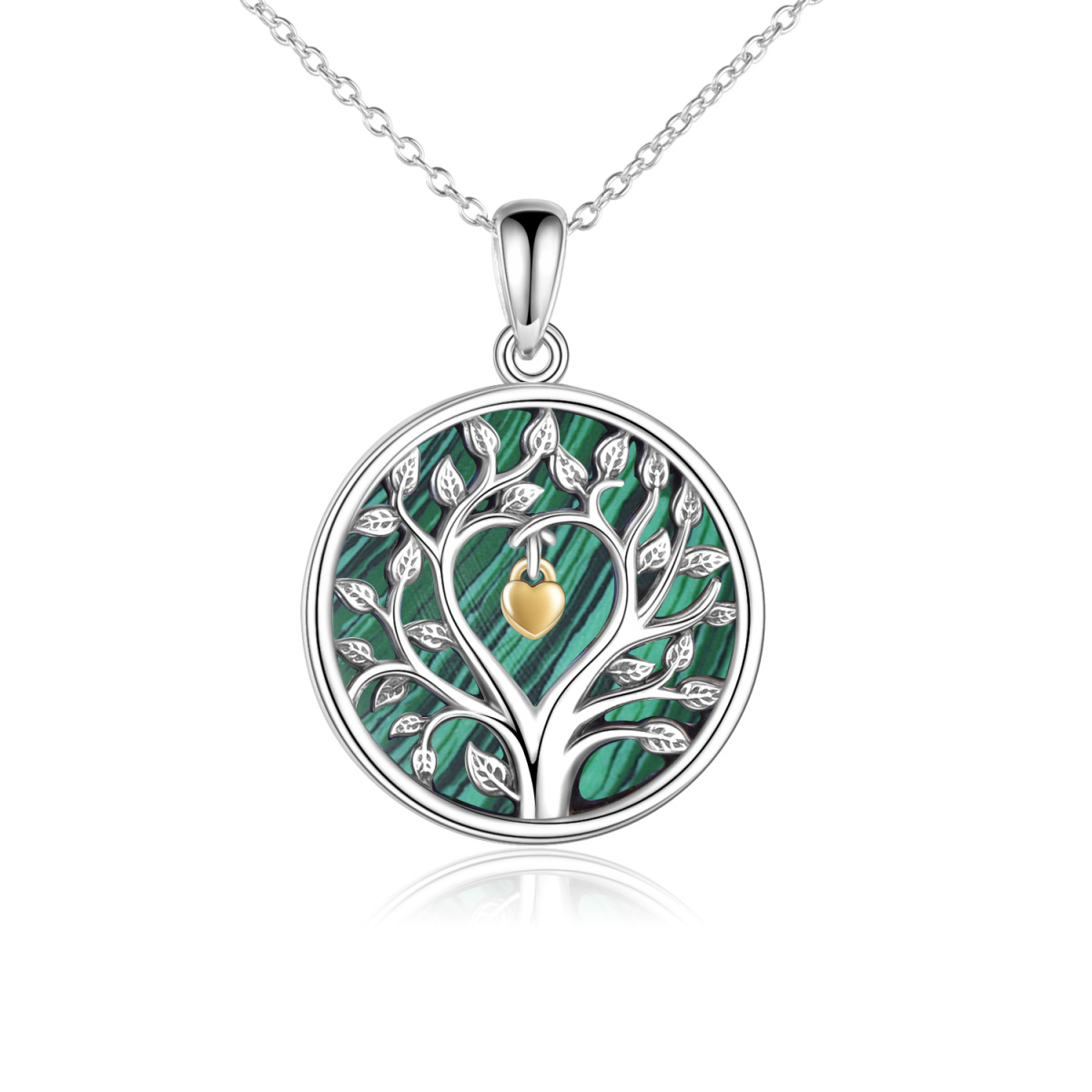 Collar con colgante de moneda de árbol de la vida de malaquita en forma circular de dos tonos de plata de ley-1